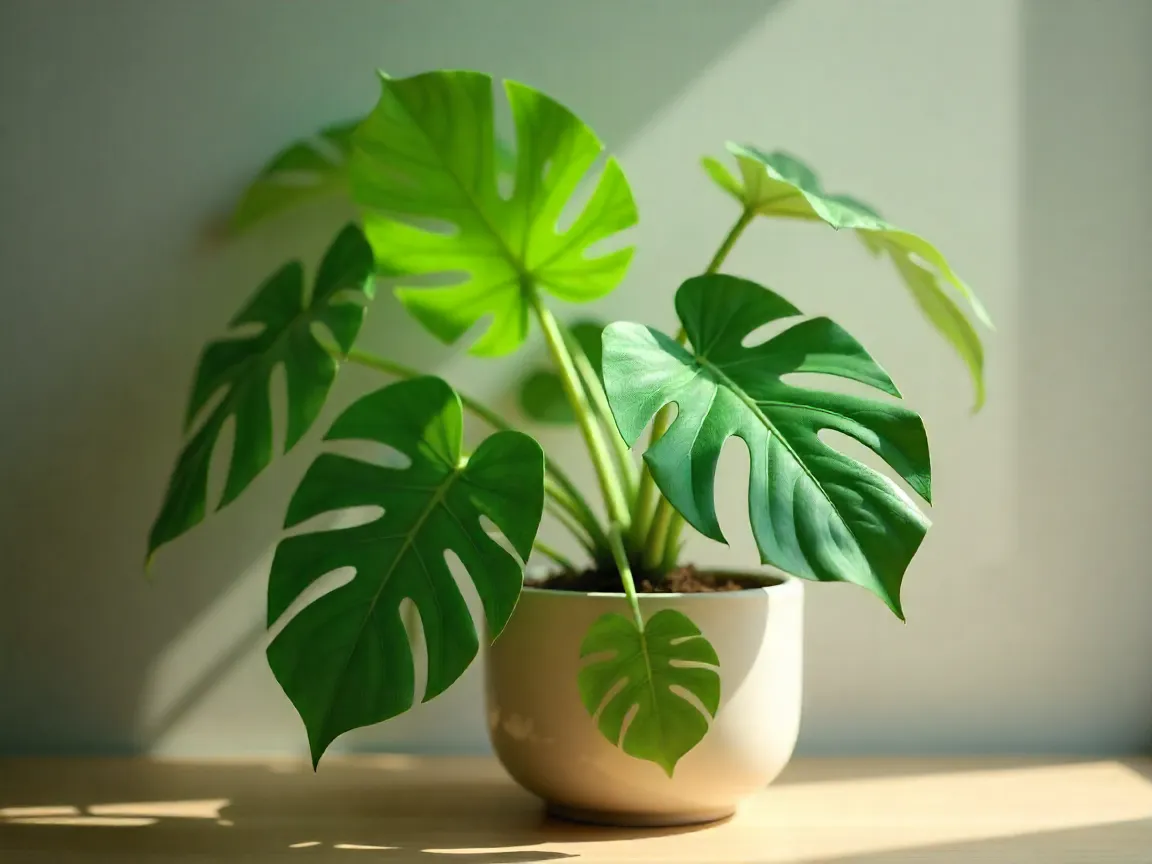 Monstera Deliciosa houseplant with split leaves in ceramic pot